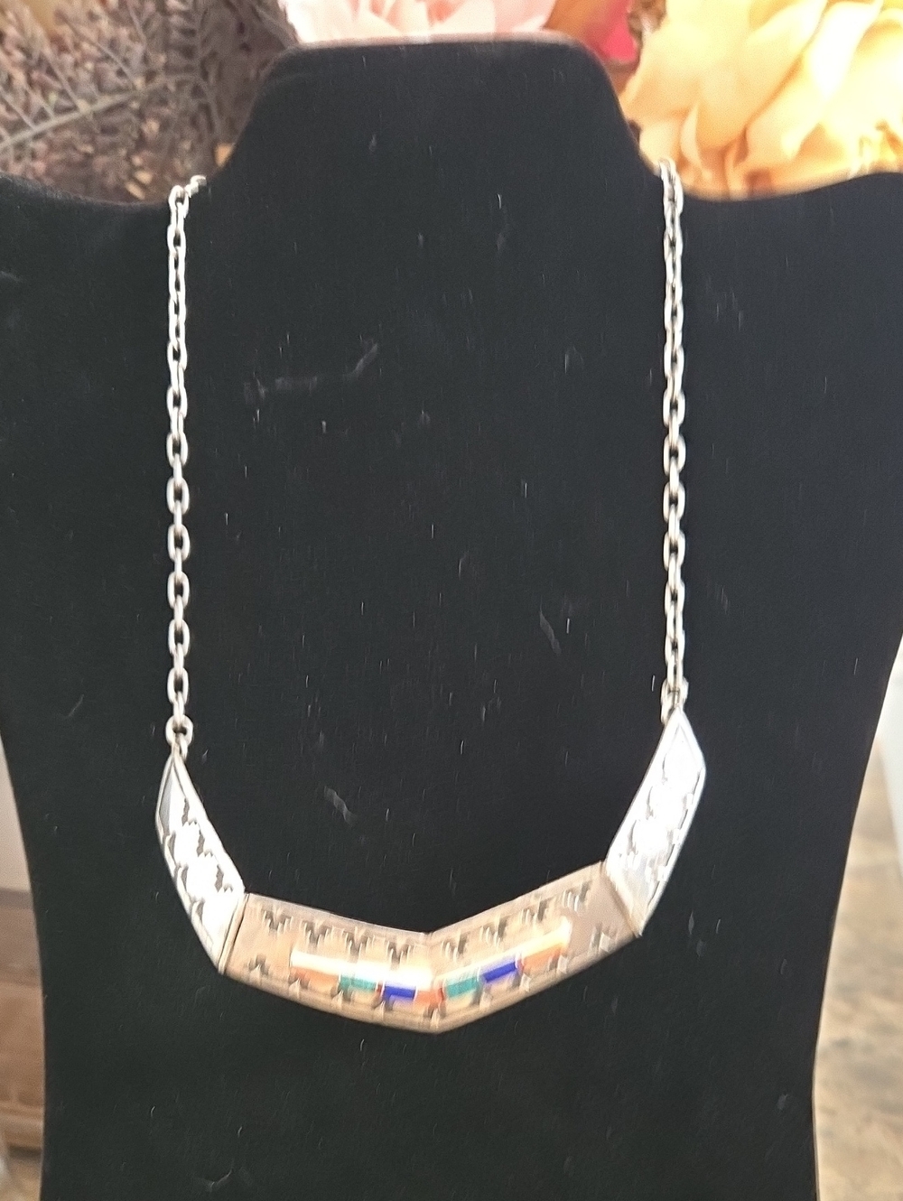 Silver Multicolor Inlay Chevron Pendant Necklace